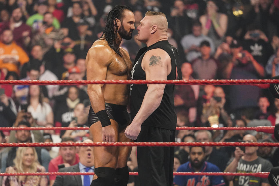 Drew McIntyre and Brock Lesnar come face-to-face in the ring during an episode of "Monday Night Raw." (Photo courtesy of WWE)