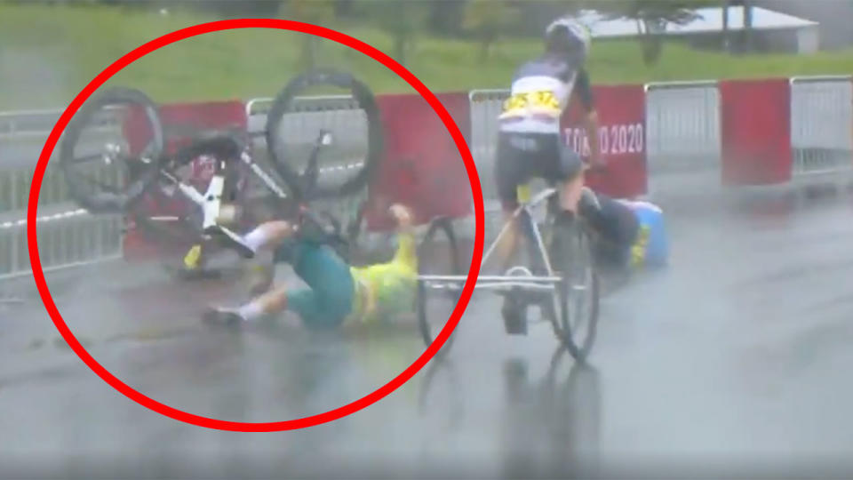 Pictured here, Aussie Paralympic champion Carol Cooke crashes in the women's T1-2 road race in Tokyo.