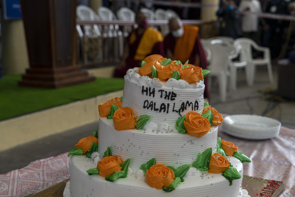 A cake to mark the 87th birthday of Tibetan spiritual leader the Dalai Lama is displayed at the Tsuglakhang temple in Dharmsala, India, Wednesday, July 6, 2022. (AP Photo/Ashwini Bhatia)