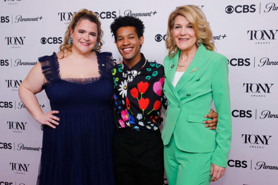 <div class="inline-image__caption"><p>Bonnie Milligan and her ‘Kimberly Akimbo’ co-stars Justin Cooley and Victoria Clark arrive for the 76th Annual Tony Awards meet the nominees press event in New York City on May 4, 2023.</p></div> <div class="inline-image__credit">Leonardo Munoz / AFP via AP</div>