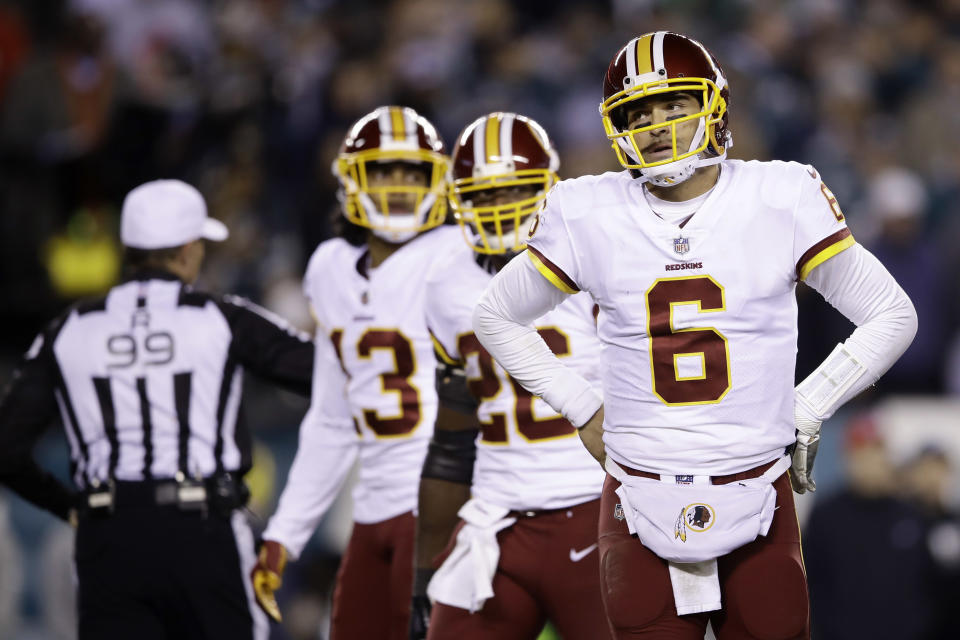 Washington Redskins' Mark Sanchez reacts during the second half of an NFL football game against the Philadelphia Eagles, Monday, Dec. 3, 2018, in Philadelphia. (AP Photo/Matt Rourke)