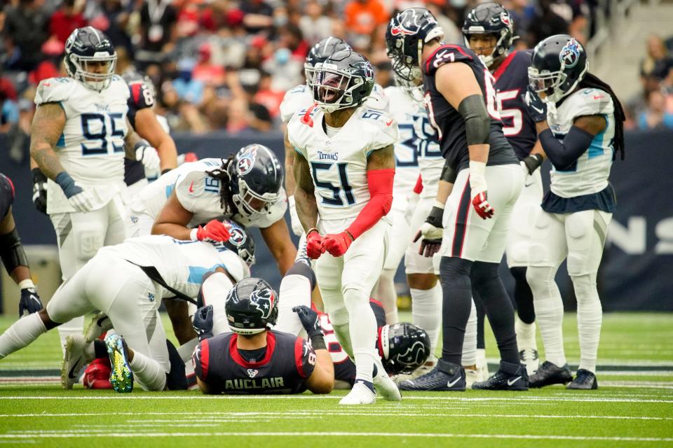 Tennessee Titans linebacker David Long Jr. (51) celebrates a defensive stop during the second quarter at NRG Stadium Sunday, Jan. 9, 2022 in Houston, Texas.