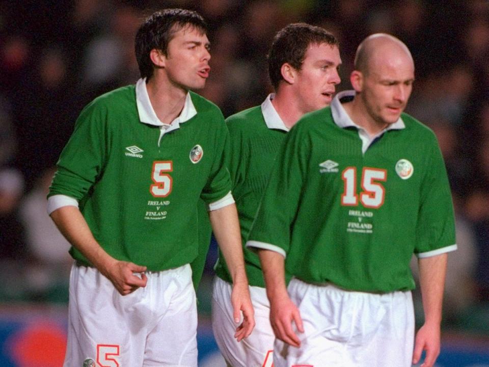 Gary Breen (left) and Lee Carsley playing together for Ireland against Finland at Lansdowne Road in 2000 (Getty)