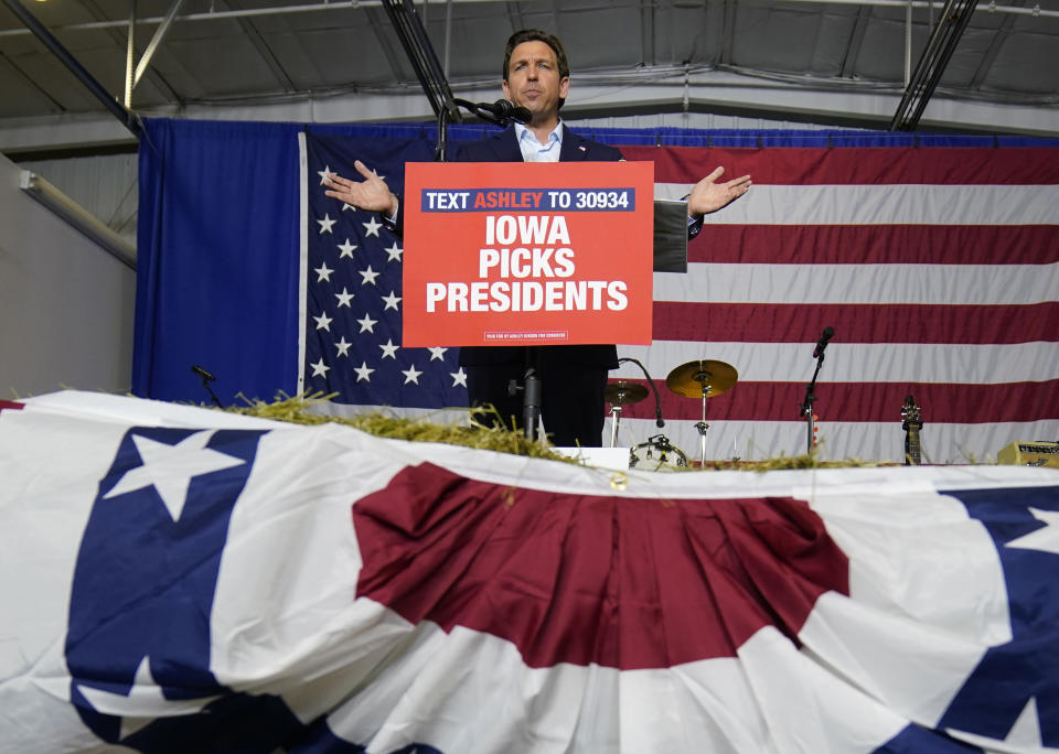 FILE - Republican presidential candidate Florida Gov. Ron DeSantis speaks during a fundraising event for U.S. Rep. Ashley Hinson, R-Iowa, Aug. 6, 2023, in Cedar Rapids, Iowa. In 2024, Iowa will again hold the first Republican contest. On Monday, Jan. 14, GOP participants must gather in local schools or other community sites for hours to be part of caucuses, which are party-run events conducted by local officials and volunteers. (AP Photo/Charlie Neibergall, File)