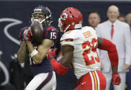 <p>Houston Texans wide receiver Will Fuller (15) pulls in a pass in front of Kansas City Chiefs strong safety Eric Berry (29) during the first half of an NFL football game Sunday, Sept. 18, 2016, in Houston. (AP Photo/David J. Phillip) </p>