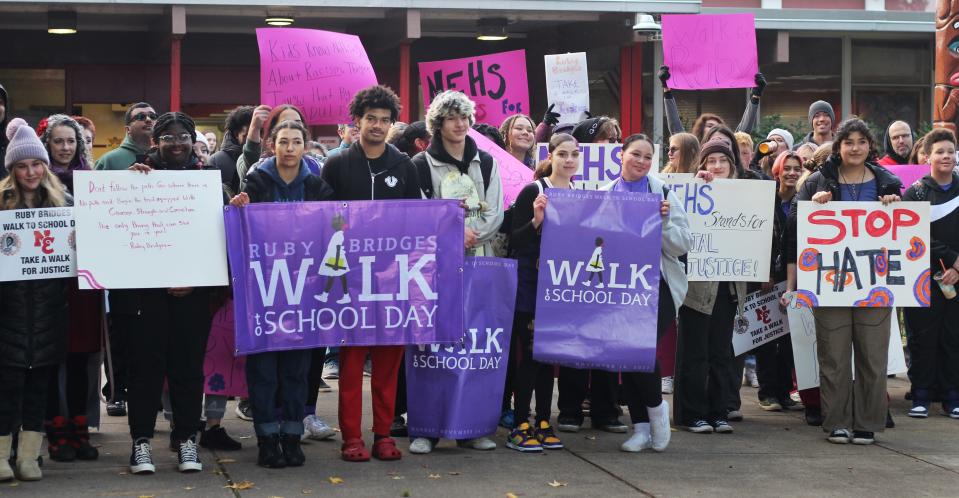 Students with the North Eugene High School Black Student Union and their peers walked from DaySpring Fellowship to North Eugene High School for the Ruby Bridges Walk to School Day on Monday, Nov. 14, 2022.