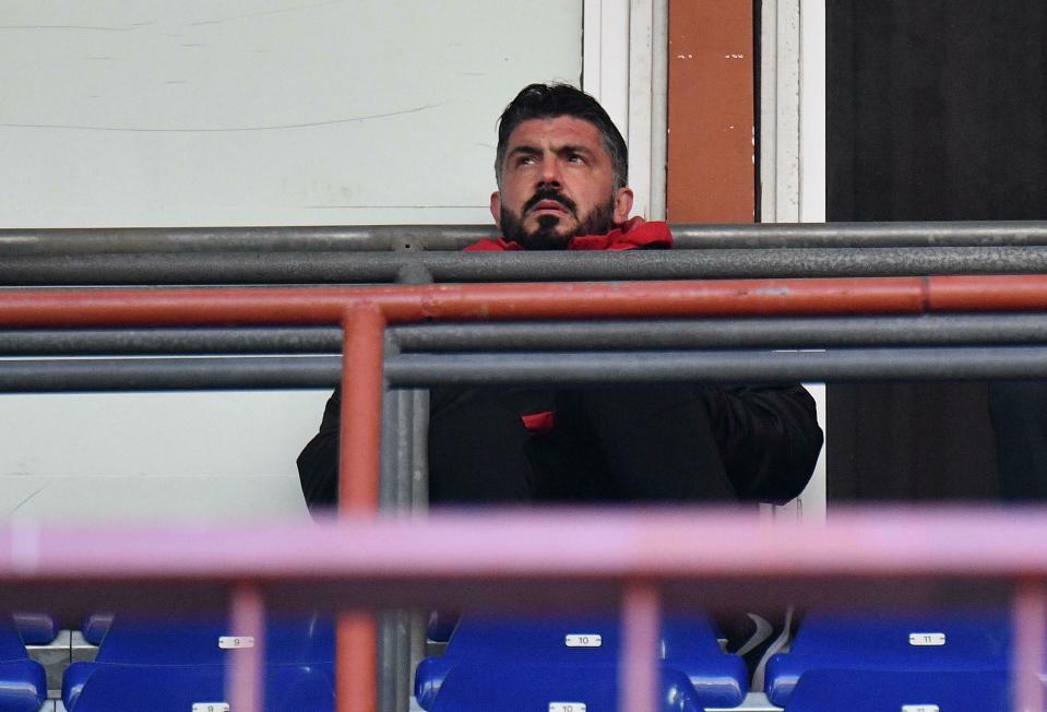 AC Milan coach Gennaro Gattuso sits in the stands during the Serie A soccer match Genoa CFC vs AC Milan at the Luigi Ferraris stadium in Genoa, Italy, Monday, Jan. 21, 2019. Gattuso was given a one-match ban for confronting the referee at the end of the Italian Super Cup match last week. (Luca Zennaro/ANSA via AP)