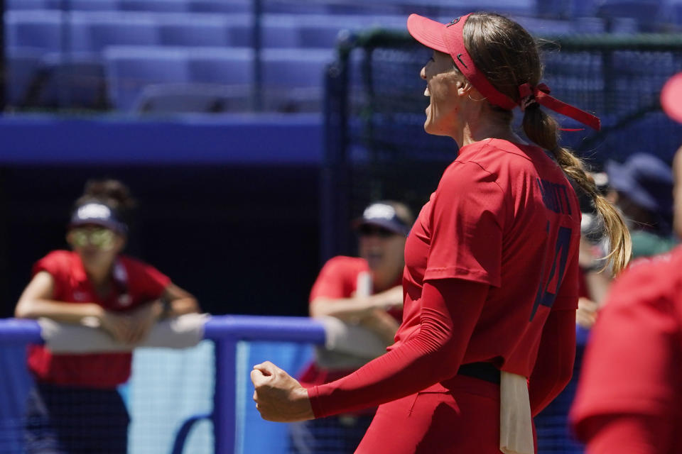 United States' Monica Abbott reacts in the sixth inning of a softball game against Australia at the 2020 Summer Olympics, Sunday, July 25, 2021, in Yokohama, Japan. (AP Photo/Sue Ogrocki)