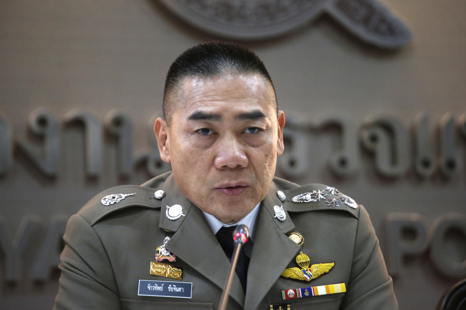 Thailand's National Police Chief Chakthip Chaijinda talks during a press conference Tuesday, Oct. 16, 2018, in Bangkok, Thailand. Police in Thailand say they have dismissed a British tourist's claim that she was raped on a Thai resort island after their investigation revealed no supporting evidence. (AP Photo/Sakchai Lalit)