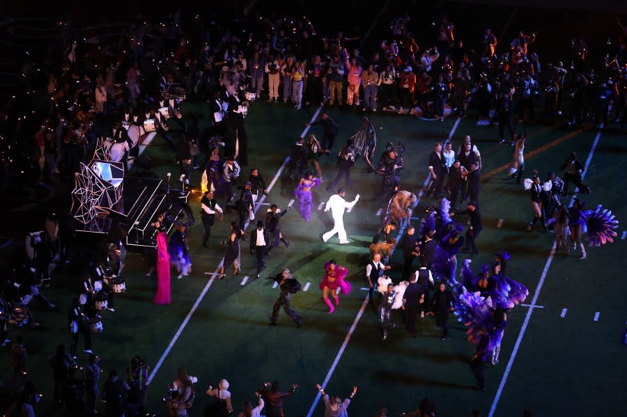 LAS VEGAS, NEVADA – FEBRUARY 11: Usher performs on the field during the Apple Music Super Bowl LVIII Halftime Show at Allegiant Stadium on February 11, 2024 in Las Vegas, Nevada. (Photo by Michael Reaves/Getty Images)