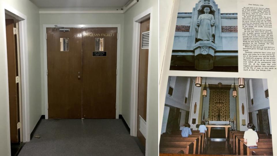 <div class="inline-image__caption"><p>Left: The doorway to the third-floor Stepinac priest quarters—“Diocesan Faculty Only. Students Keep Out.” Right: Inside Peter’s Stepinac yearbook, the author finds the photo of the Jesus sculpture and chapel.</p></div> <div class="inline-image__credit">Courtesy Jenny Grosvenor</div>