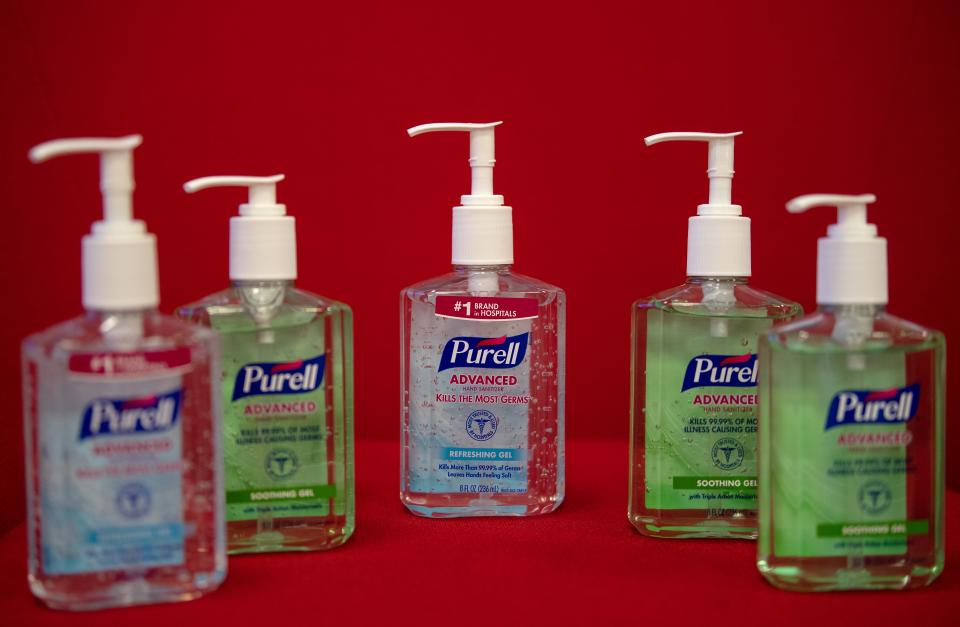 This photo illustration shows bottles of Purell hand sanitizers on March 5, 2020 in Washington,DC. - Amazon pledged on March 5, 2020 to take steps to fight price gouging after a US senator complained of "unjustifiably high prices" on hand sanitizers and surgical masks to protect against coronavirus infections. The US retail giant responded to a letter from Senator Ed Markey, who wrote that Amazon appeared to be profiting from panic buying related to the epidemic. (Photo by NICHOLAS KAMM / AFP) (Photo by NICHOLAS KAMM/AFP via Getty Images)