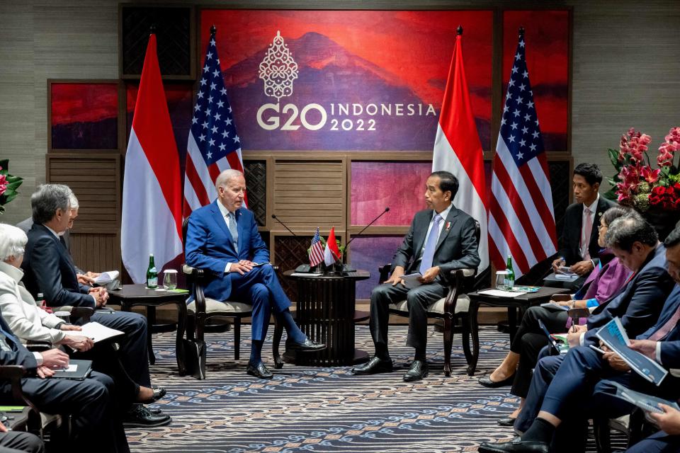 President Joe Biden and Indonesian President Joko Widodo meet on the sidelines of the G20 Summit in Bali, Indonesia, November 14, 2022. / Credit: SAUL LOEB/AFP/Getty