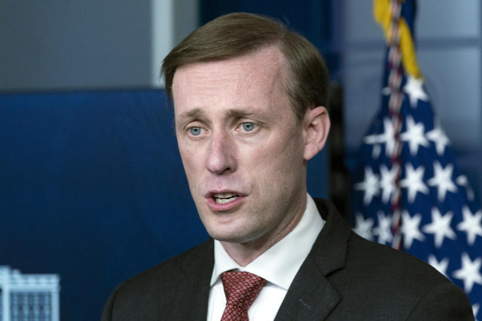 FILE - In this March 12, 2021 file photo, National Security Adviser Jake Sullivan speaks with reporters in the James Brady Press Briefing Room at the White House in Washington. Senior members of President Joe Biden’s administration are in Mexico Tuesday for talks on addressing illegal migration to the U.S., according to the White House.National security adviser Jake Sullivan, Homeland Security secretary Ali Mayorkas are leading the delegation to meet with senior Mexican government officials about working jointly to slow crossings along the U.S. southern border. (AP Photo/Alex Brandon)