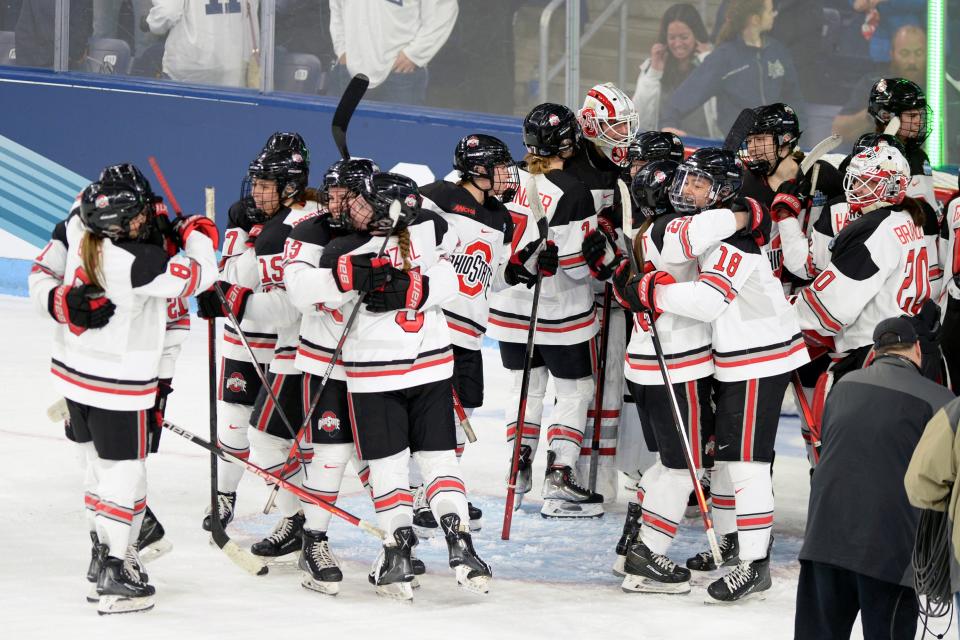 The Ohio State women's hockey team is back in the Frozen Four for the second straight year. The Buckeyes lost to Wisconsin in last year's championship team. The No.1 seeded Buckeyes will face No. 4 Clarkson in Friday's first semifinal, starting at 4 p.m.