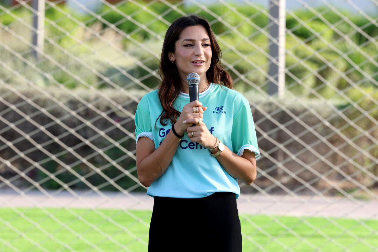 DOHA, QATAR - NOVEMBER 16: Nadia Nadim celebrates the completion of 'The Greatest Goal' during the FIFA Fan Festival¢â on November 16, 2022 in Doha, Qatar. (Photo by Mohamed Farag/Getty Images for Hyundai Motor Company)