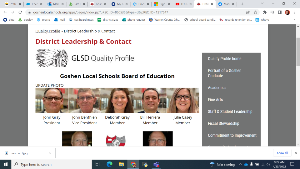 This screenshot from the Goshen Local Schools website shows the members of the school board, including John Gray, who resigned Sunday, according to the district superintendent.