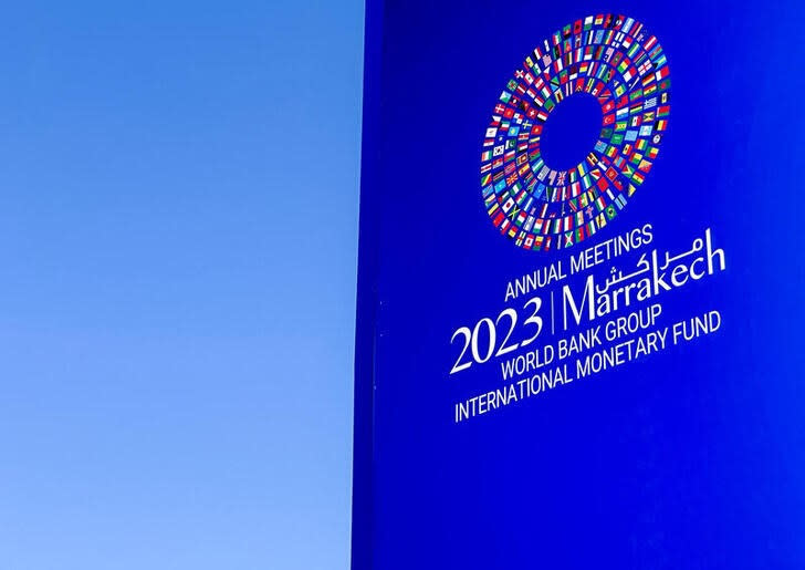 A view of an advertising billboard for the upcoming annual meetings of the IMF and the World Bank, in Marrakech