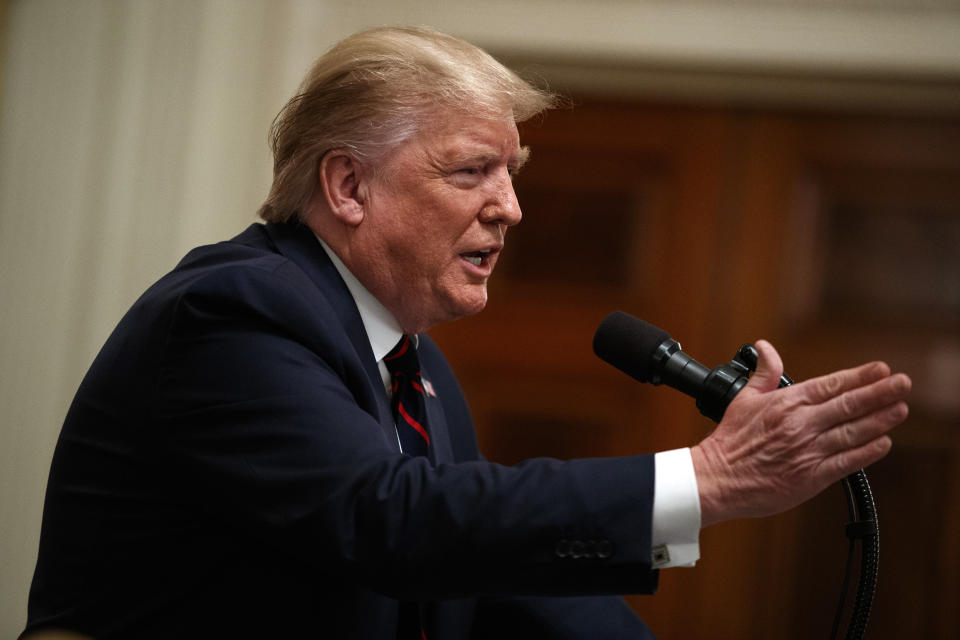 President Donald Trump speaks during a news conference with Italian President Sergio Mattarella in the East Room of the White House, Wednesday, Oct. 16, 2019, in Washington. (AP Photo/Evan Vucci)