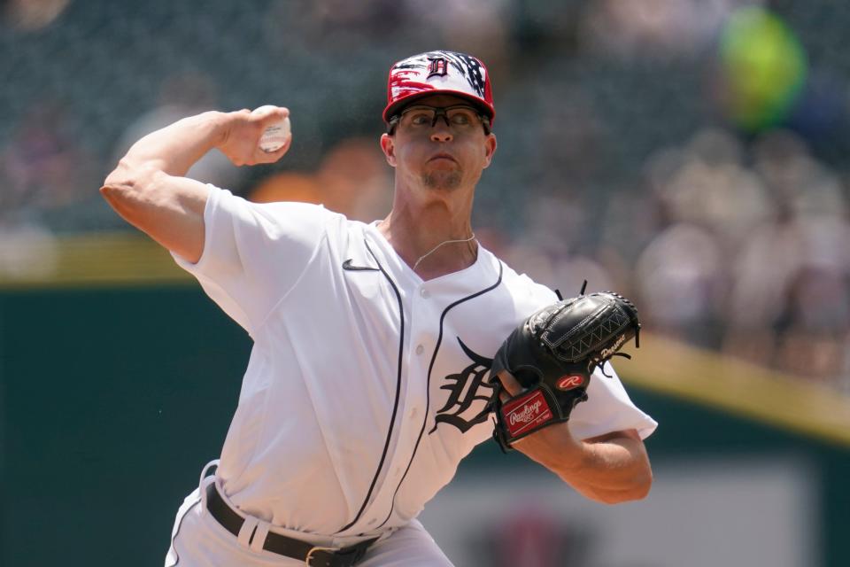 Tigers pitcher Garrett Hill throws against the Guardians in the first inning of Game 1 of the doubleheader on Monday, July 4, 2022, at Comerica Park.