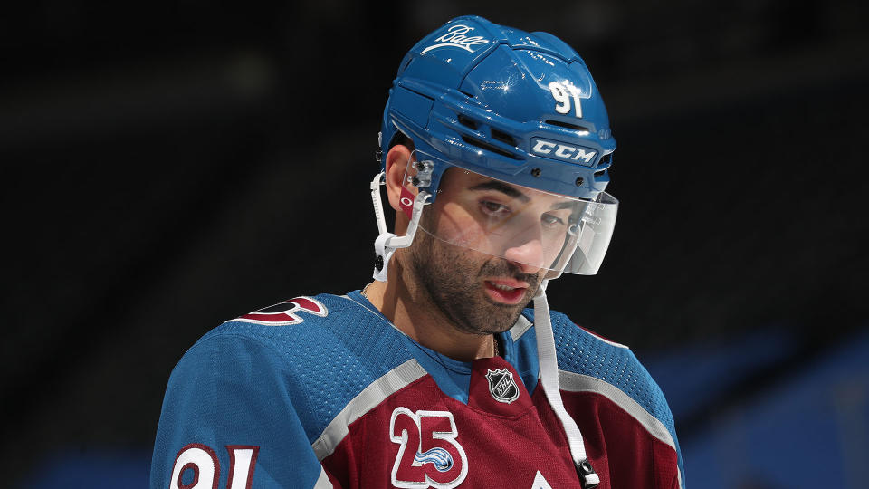 DENVER, COLORADO - JANUARY 26: Nazem Kadri #91 of the Colorado Avalanche skates during warm ups prior to the game against the San Jose Sharks at Ball Arena on January 26, 2021 in Denver, Colorado. (Photo by Michael Martin/NHLI via Getty Images)