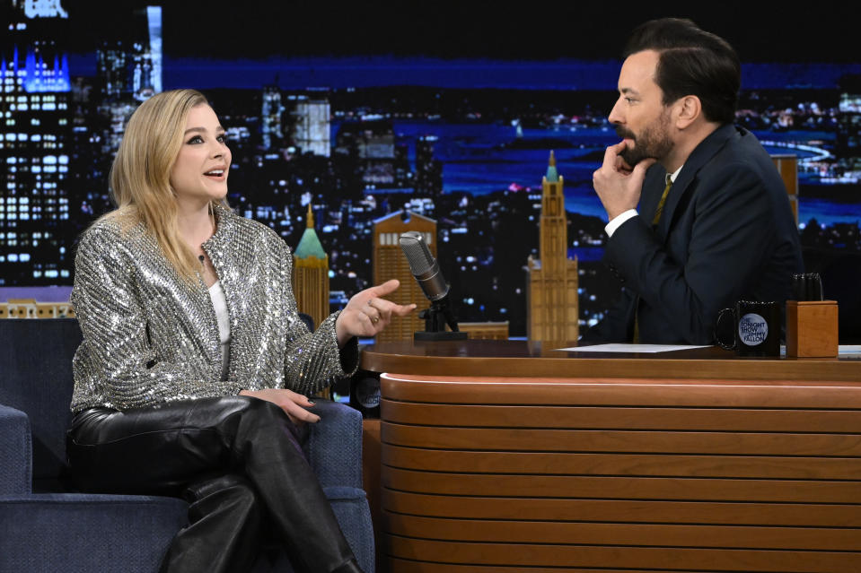 THE TONIGHT SHOW STARRING JIMMY FALLON -- Episode 1745 -- Pictured: (l-r) Actress Chloë Grace Moretz during an interview with host Jimmy Fallon on Monday, November 14, 2022 -- (Photo by: Todd Owyoung/NBC via Getty Images)