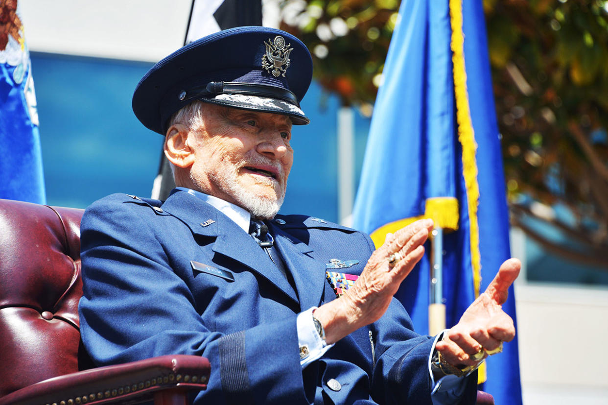  Retired Brig. Gen Buzz Aldrin sits on stage during his honorary promotion ceremony at Space Systems Command at Los Angeles Air Force Base in California on May 5, 2023. 