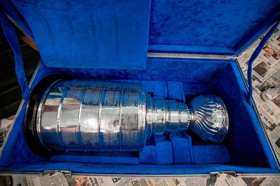 The Stanley Cup is packed in a rolling case for the next stop on a tour of Raleigh, N.C. on Wednesday, May 10, 2023.