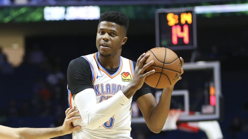 Oklahoma City Thunder's Justin Patton looks to pass the ball during a preseason NBA basketball game.