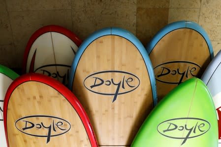 Doyle surfboards manufactured in China are shown at the company's warehouse in Lake Forest, California