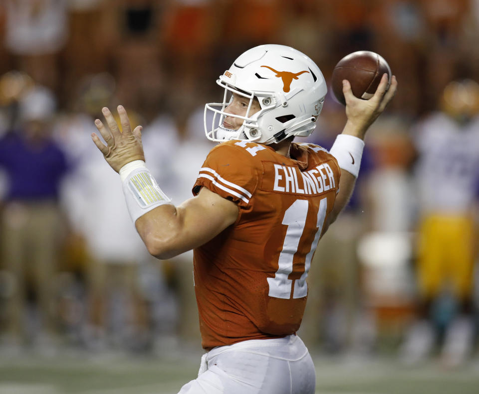 Texas Longhorns quarterback Sam Ehlinger #11 passes against the LSU Tigers Saturday Sept. 7, 2019 at Darrell K Royal-Texas Memorial Stadium in Austin, Tx. ( Photo by Edward A. Ornelas )