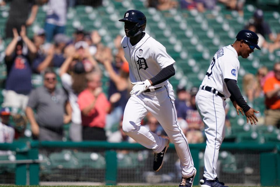 Tigers' Daz Cameron rounds the bases after a two-run home run during the eighth inning against the Twins, Thursday, June 2, 2022, in Detroit.