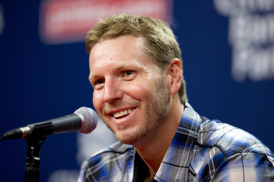 PHILADELPHIA, PA - AUGUST 8: Former Major League pitcher Roy Halladay talks to the media prior to the game between the New York Mets and Philadelphia Phillies on August 8, 2014 at Citizens Bank Park in Philadelphia, Pennsylvania. (Photo by Mitchell Leff/Getty Images)