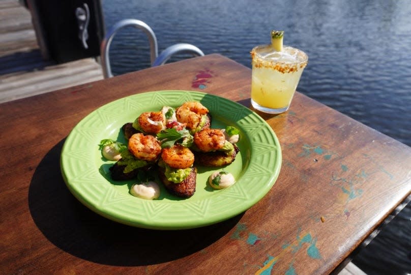 The sweet plantain bites at Del Fuego features plantains, blackened shrimp and avocado with a chipotle ranch dip.