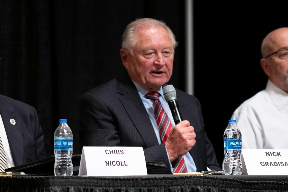 Incumbent Nick Gradisar speaks as a candidate for Pueblo Mayor during the 2023 Greater Pueblo Chamber of Commerce candidate debates at Memorial Hall on Thursday, October 5, 2023.