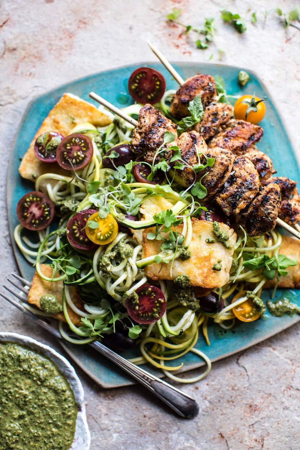 17) Mediterranean Chicken and Summer Squash Noodles With Fried Halloumi