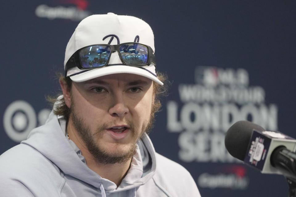 Chicago Cubs' Justin Steele speaks during a press conference ahead of the baseball match against St. Louis Cardinals at the MLB World Tour London Series, in London Stadium. (AP Photo/Kin Cheung)