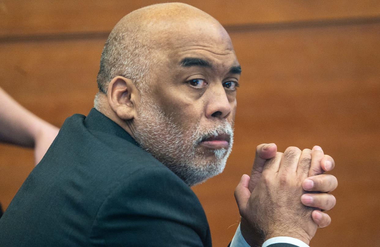 Apr 11, 2023; Columbus, Ohio, United States; Former Columbus police vice officer Andrew Mitchell awaits opening statements in the beginning of his trial for murder and voluntary manslaughter in connection with the 2018 shooting of Donna Dalton Castleberry, who was 23 years old at the time. Mandatory Credit: Brooke LaValley/Columbus Dispatch