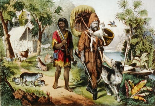 <span class="caption">Currier and Ives 1875 print of Robinson Crusoe and his companion Friday.</span> <span class="attribution"><span class="source">Everett Historical via Shutterstock</span></span>