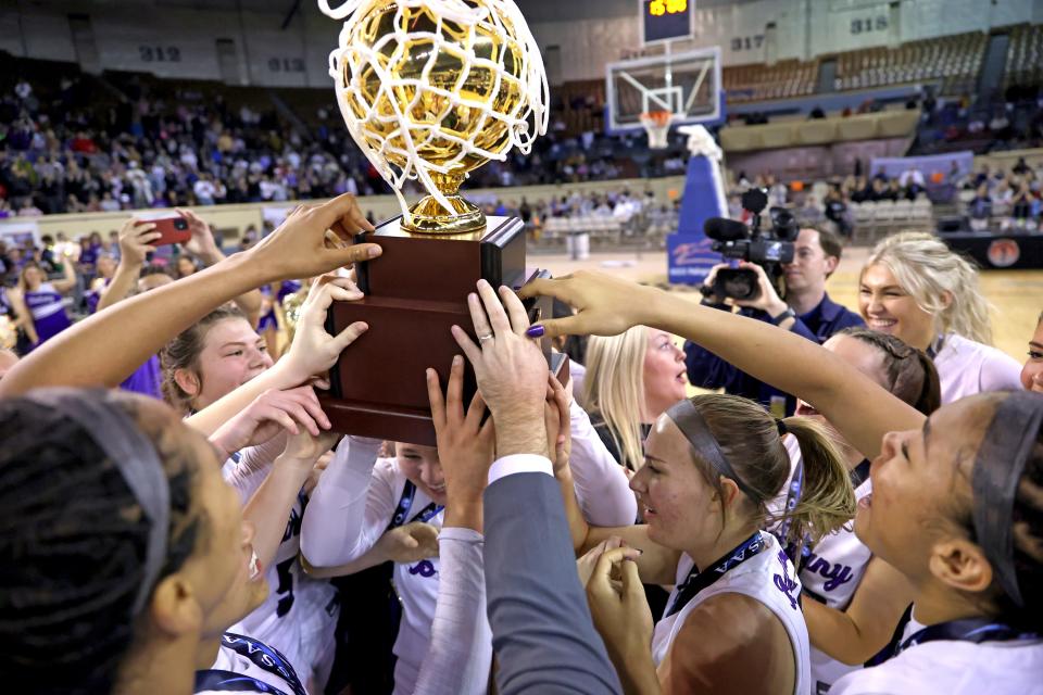 Bethany celebrates the class 4A girls state championship basketball over Lincoln Christian at the State Fair Arena in Oklahoma City, Saturday, March 9, 2024.