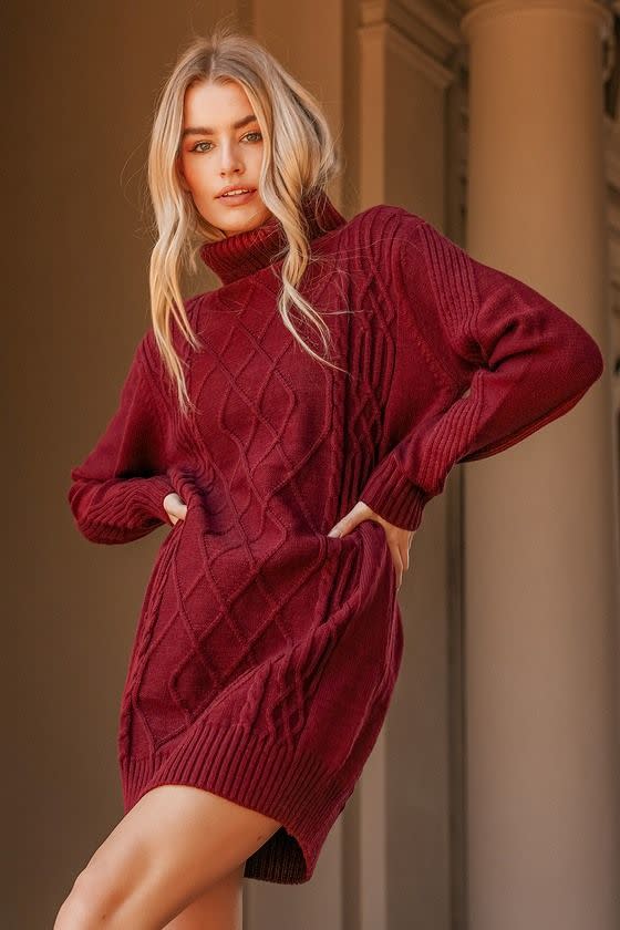 25) Cuddle Up Close Burgundy Cable Knit Turtleneck Sweater Dress