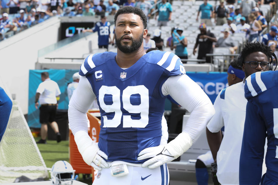 Indianapolis Colts defensive tackle DeForest Buckner (99) on the bench before an NFL football game against the Jacksonville Jaguars in Jacksonville, Fla., Sunday, Sept. 18, 2022. (AP Photo/Gary McCullough)