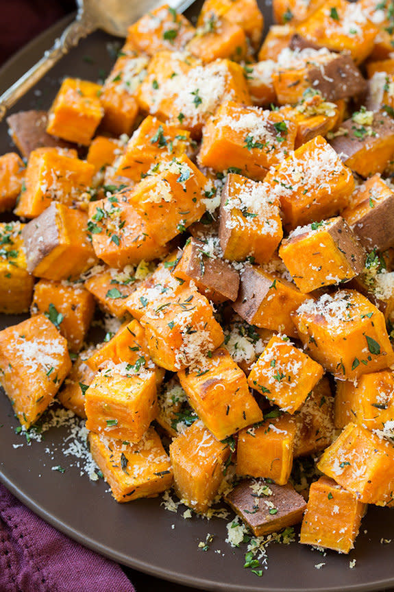 <strong>Get the <a href="http://www.cookingclassy.com/2015/09/garlic-herb-roasted-sweet-potatoes-with-parmesan/">Garlic-Herb Roasted Sweet Potatoes With Parmesan recipe</a>&nbsp;from Cooking Classy</strong>