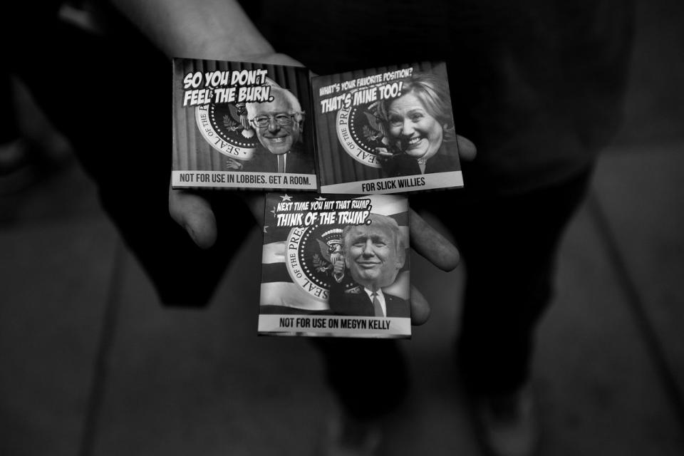 <p>A vendor sells “political condoms” at the Republican National Convention in Cleveland. (Photo: Khue Bui for Yahoo News)</p>