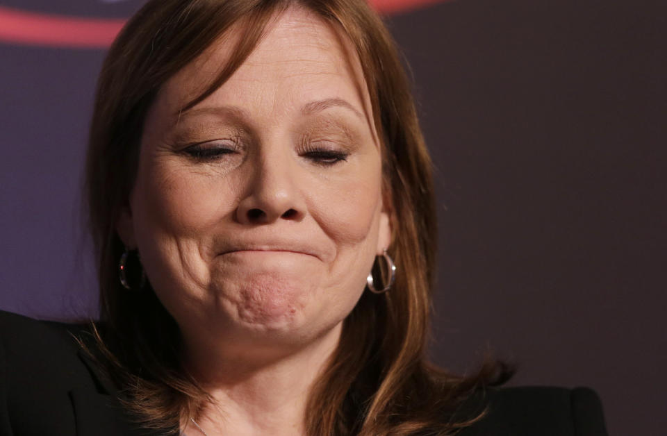 Mary Barra, CEO of General Motors, speaks at the 2014 Automotive Forum, Tuesday, April 15, 2014 in New York. The forum is sponsored by the National Automobile Dealers Association (NADA) and J.D. Power. (AP Photo/Mark Lennihan)