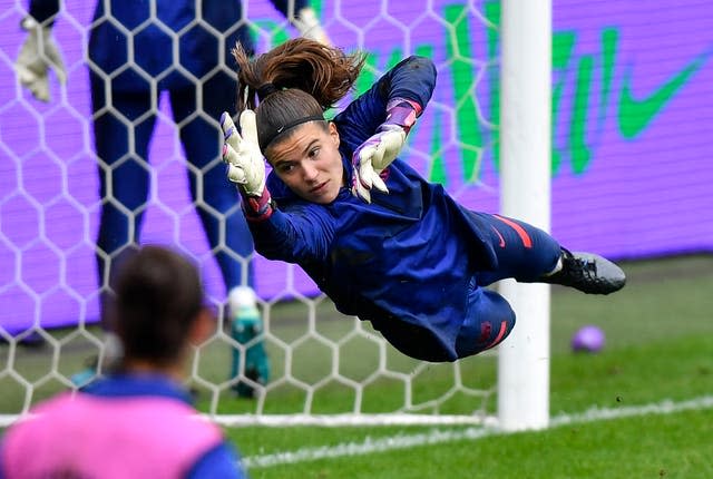 Barcelona’s goalkeeper Gemma Font exercises during a training session ahead of the Women's Champions League final in Gothenburg 