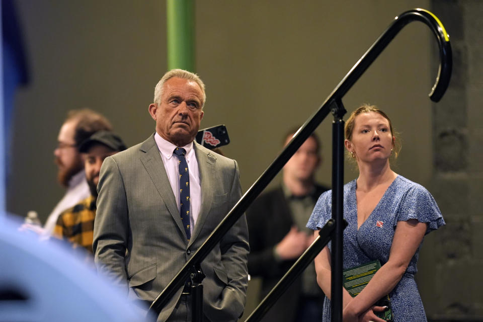 Independent presidential candidate Robert F. Kennedy Jr. waits to speak at a campaign event, Saturday, April 13, 2024, in West Des Moines, Iowa. (AP Photo/Charlie Neibergall)