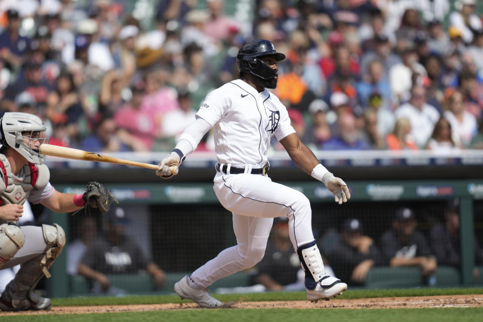 Detroit Tigers' Akil Baddoo hits a two-run home run against the Cincinnati Reds in the fourth inning of a baseball game, Thursday, Sept. 14, 2023, in Detroit. (AP Photo/Paul Sancya)