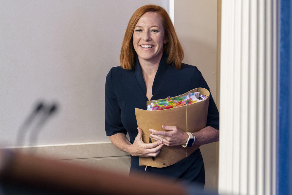 FILE - White House press secretary Jen Psaki arrives for a press briefing at the White House in Washington, July 23, 2021. Psaki, whose last day on the job is Friday, has answered reporters' questions nearly every weekday of the almost 500 days that Biden has been in office. That makes her a top White House communicator and perhaps the administration's most public face, behind only the president and Vice President Kamala Harris. (AP Photo/Andrew Harnik, File)