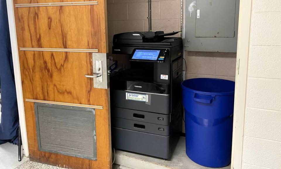 Carrboro Elementary School staff and administrators make the best of every available space, including this “copier room” squeezed into a former closet. Other closets provide office space for multiple staff members, Principal Jennifer Halsey said.
